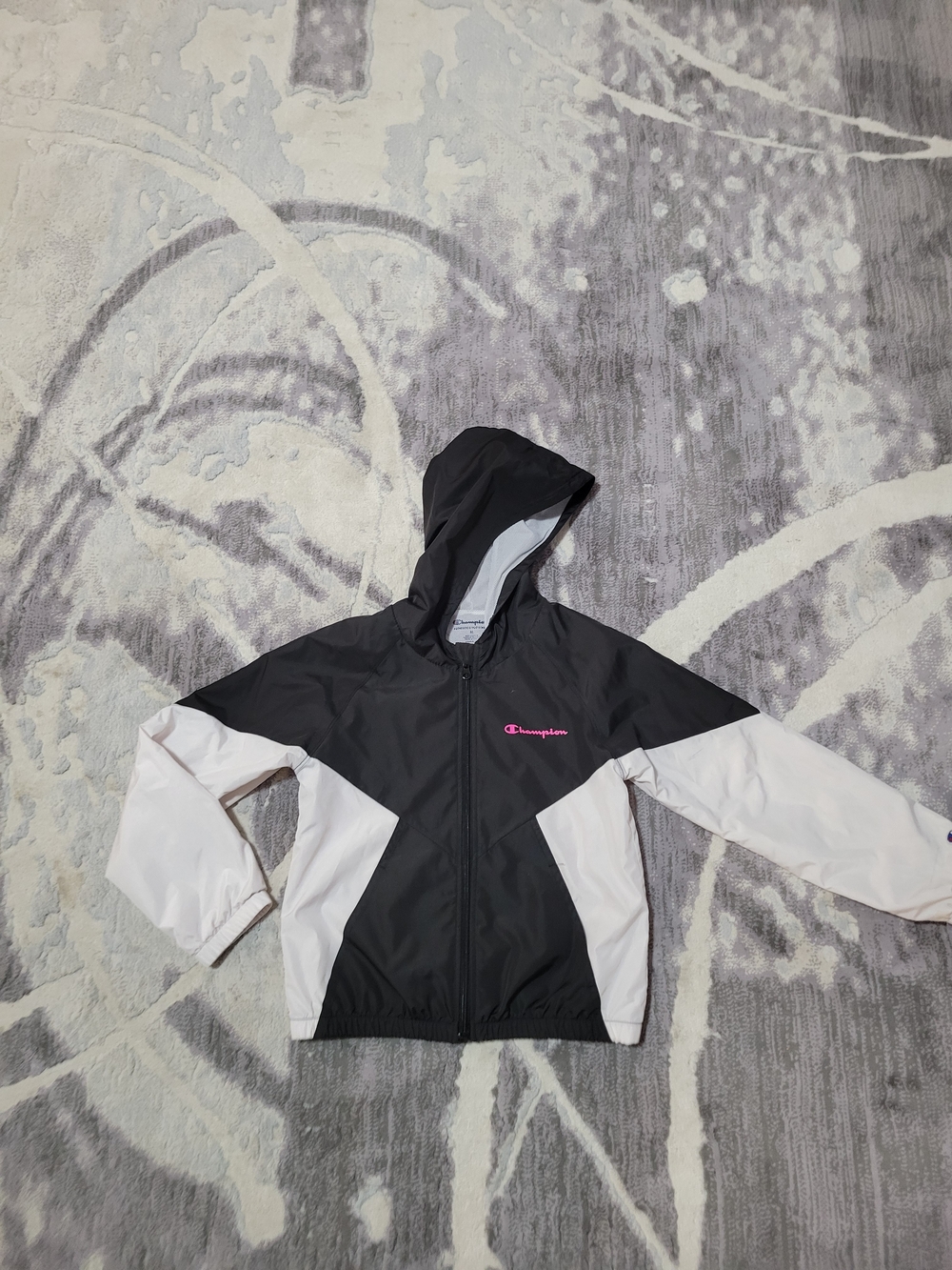 Champion Black and White Hooded Kids Windbreaker with Pink Logo Soze M (10 Years